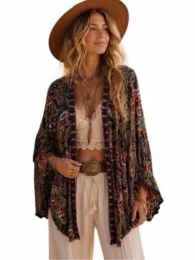 Curations Bohemian Floral Paisley Open-Front Kimono Jacket